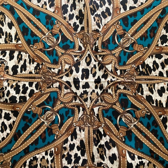 Satin Square Leopard Chain Bit Bridle Boho Scarf Neck teal blue Old Money 💖 - Picture 6 of 16